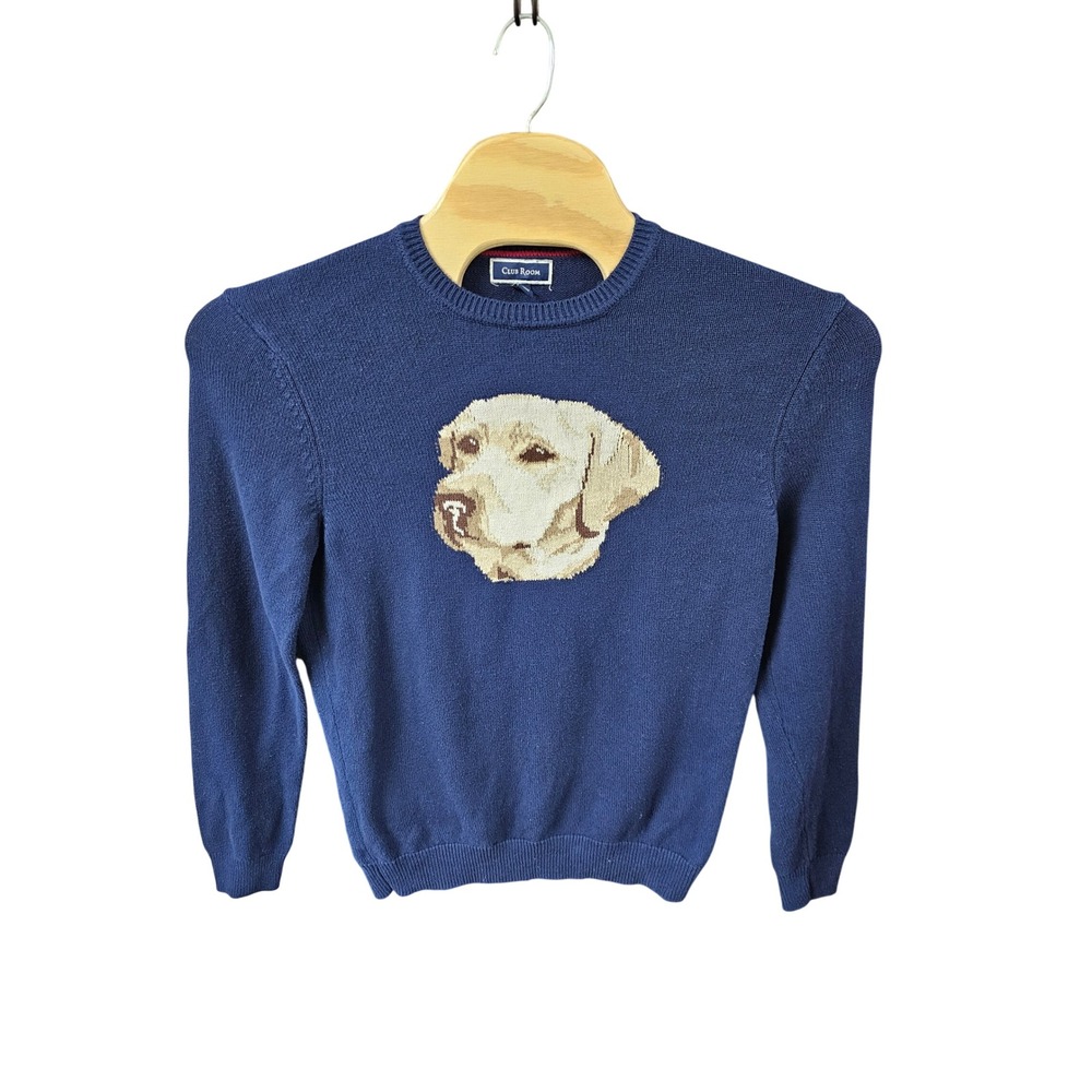 Club Room Mens Navy Blue Cotton Yellow Lab Dog novelty Crewneck Sweater Medium